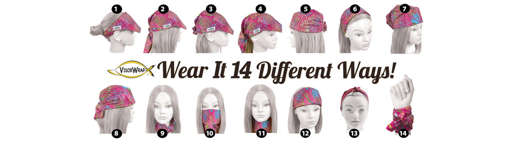 Illustration of 14 ways to wear VisorWrap